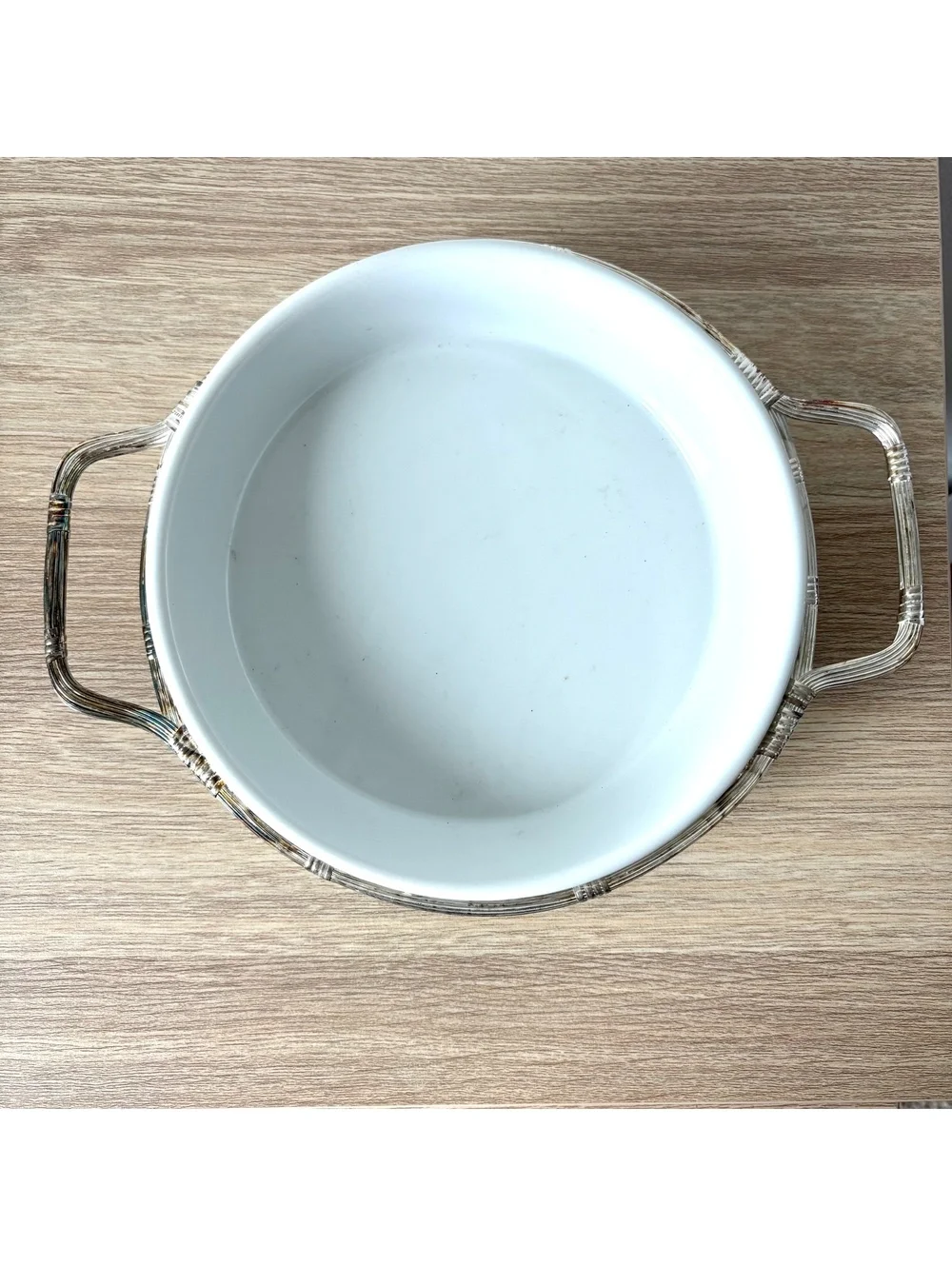 Vintage White Ceramic Casserole Dish Wire Basket Serving Bowl Silver Mid Century